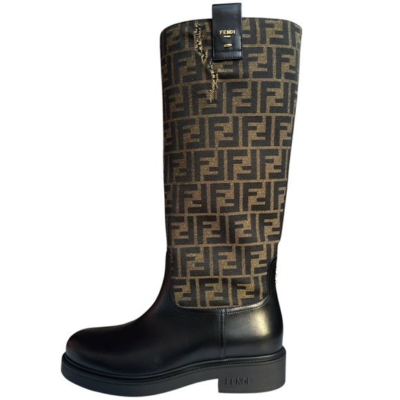 Fendi Filo FF Monogram Canvas and Leather Knee High Boots Black Brown Size 12 - Picture 11 of 16